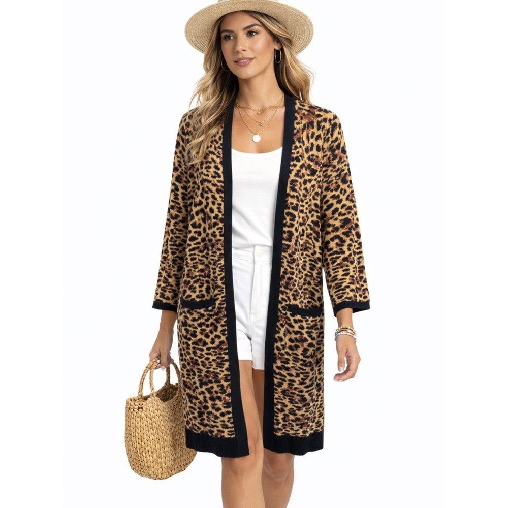 Chicos Leopard Print Longline Open Front Cardigan Sweater Tan Black Size 0 S